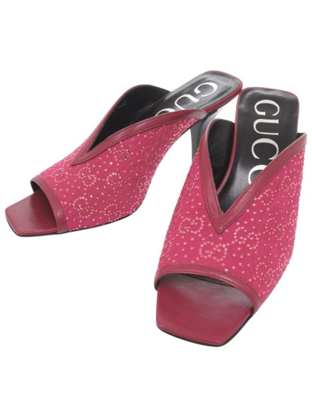 Gucci Logo Sandals Leather Rhinestone Wine Heel